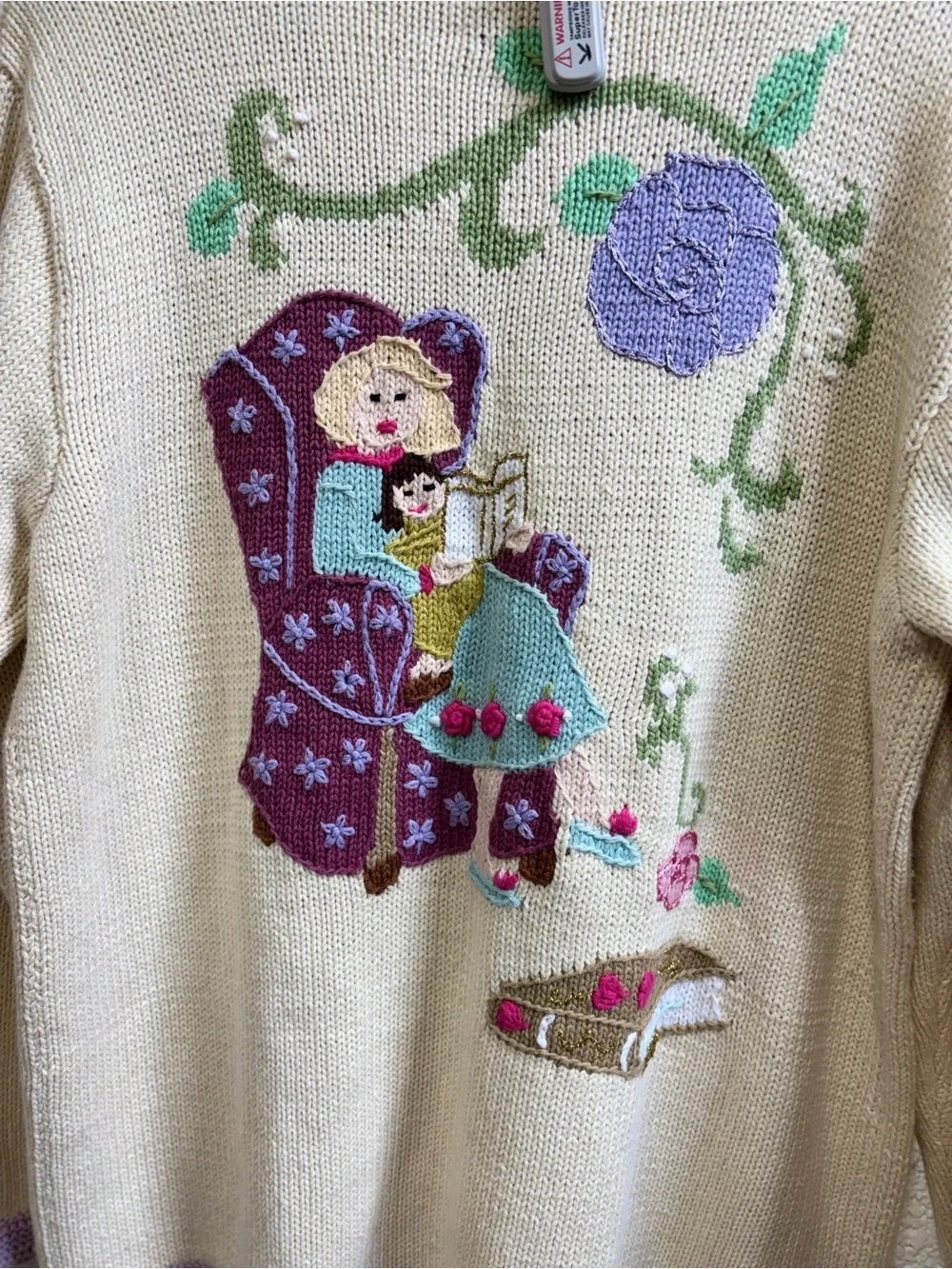 Vintage Storybook Knits Cream Reading Cardigan with Lavender Trim